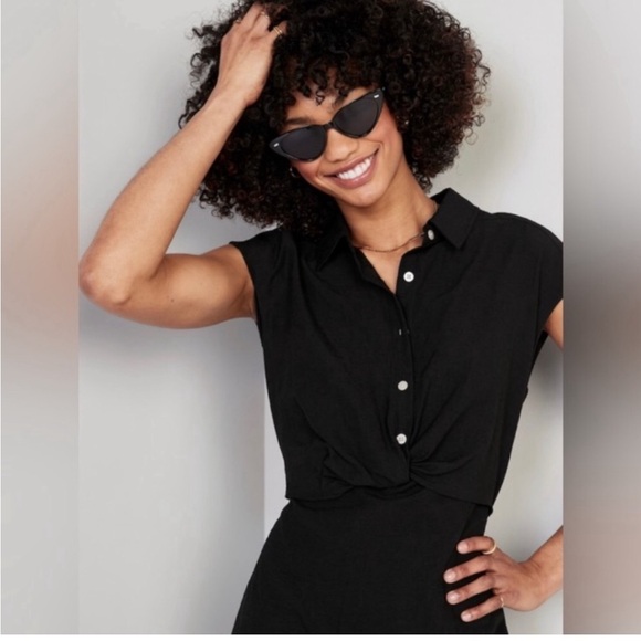 Black Waist-Defined Twist-Front Midi Shirt Dress - XS Old Navy - Picture 3 of 4